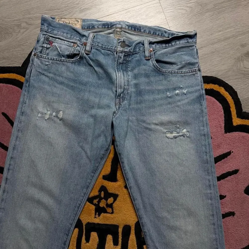 Polo Ralph Lauren Varick Slim Straight Distressed Denim Jeans 33x32 Blue